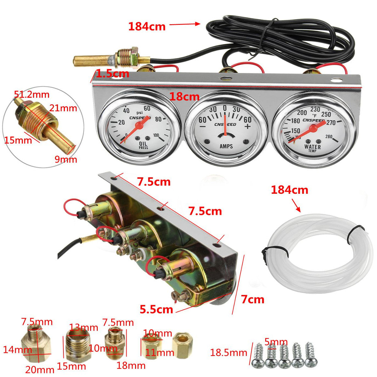 2" 52mm Oil Pressure, Water Temp, Amp Meter Triple Gauge Set with Chrome Panel