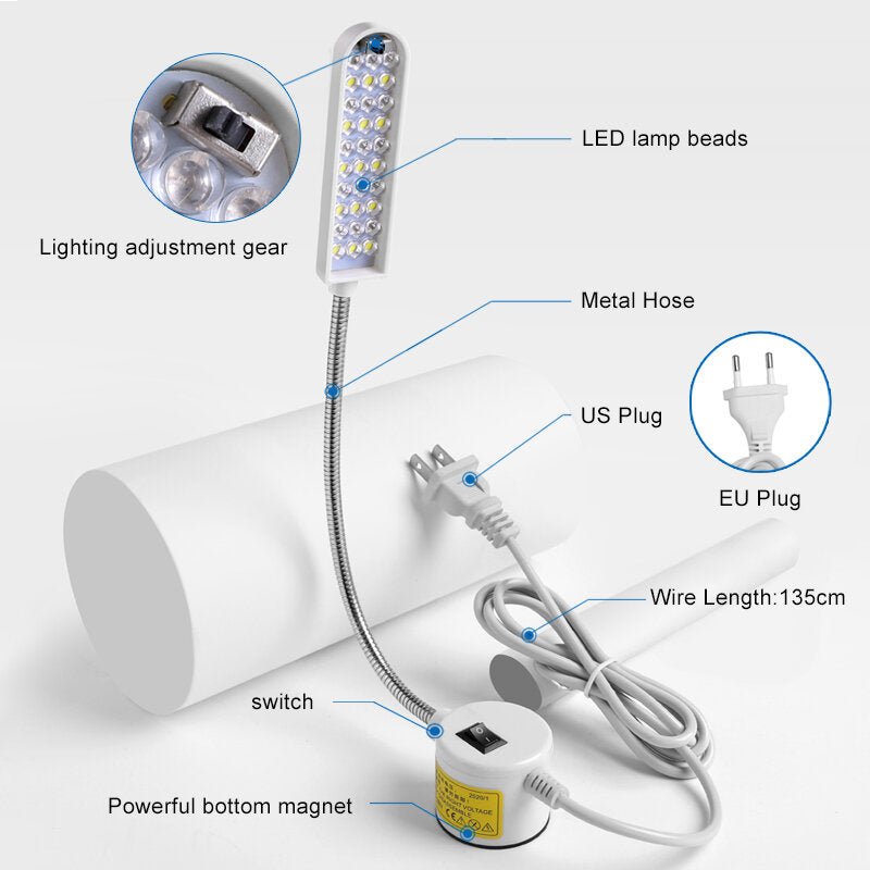 20/30 LED Sewing Machine Light - Purple & White, US Plug, Magnetic Base, Industrial Lighting