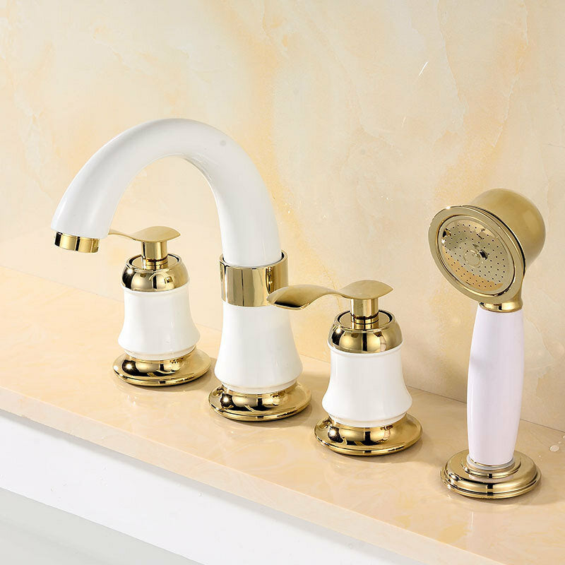 4PCS Widespread Bathroom Faucet with 2 Handles, Brass Basin Water Mixer Tap & Showerhead