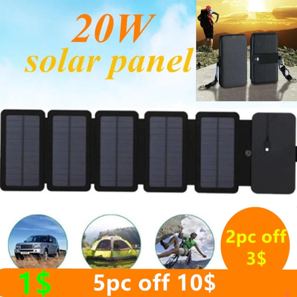 20W Portable Folding Solar Charger, 5V 2.1A USB Output, Outdoor Solar Panels for Phone Charging