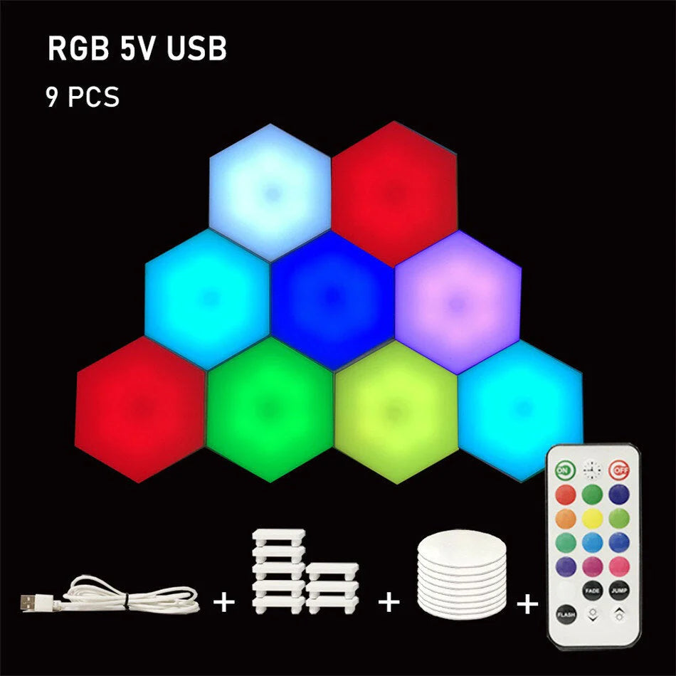 Hexagon RGB LED Lamp with Touch Sensor, USB, Remote Control - Colorful Night Light, RGBW Honeycomb Design