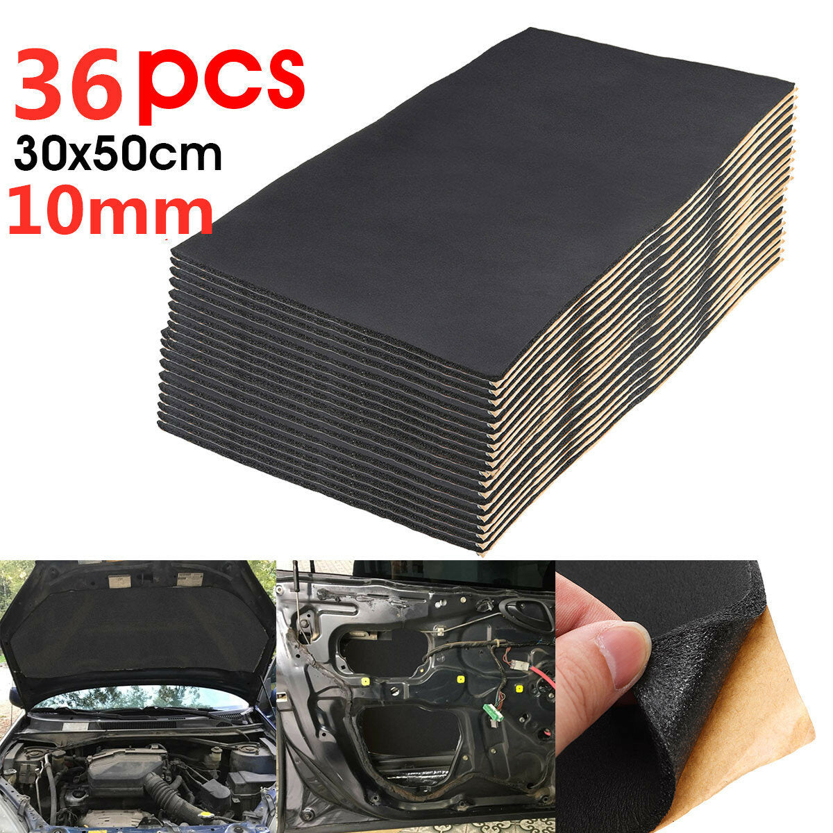 36X 10mm Car Sound Deadener Mat - Noise Proof Bonnet Insulation, Engine Firewall Heat Foam Cotton Sticker 30x50cm