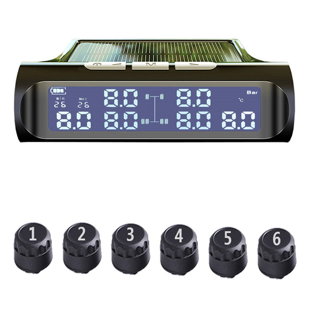 Solar TPMS Tire Pressure & Temperature Monitor, 6 External Sensors, 0.1-18bar, for Truck/RV, 6-Wheel Light Truck