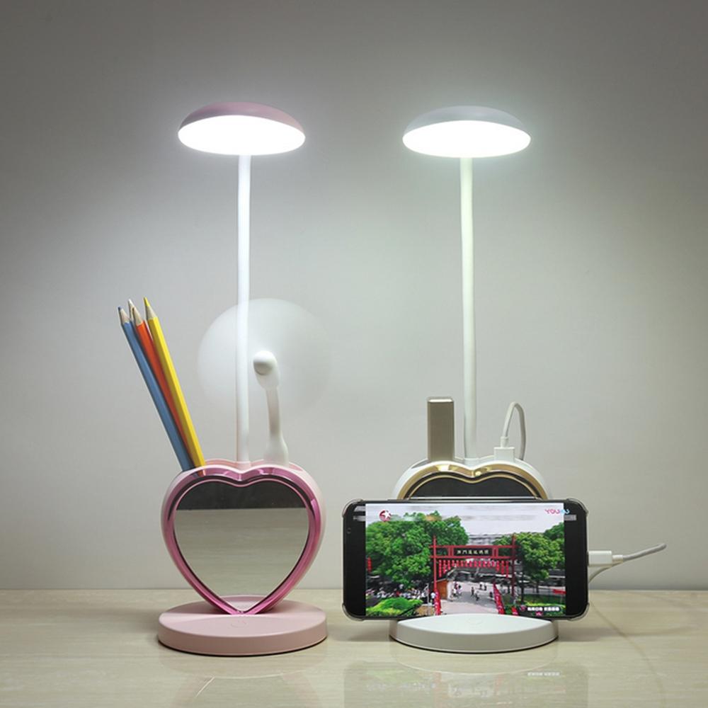Multifunctional USB Rechargeable LED Table Lamp with Touch Dimming, Pen Holder, Phone Stand, and Magnetic Mirror