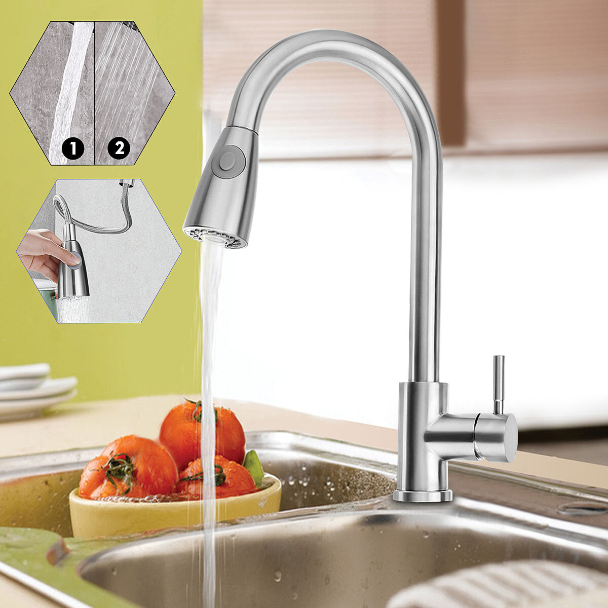 Stainless Steel Kitchen Sink Faucet with Pull-Out Sprayer Head and Dual Water Spray Modes