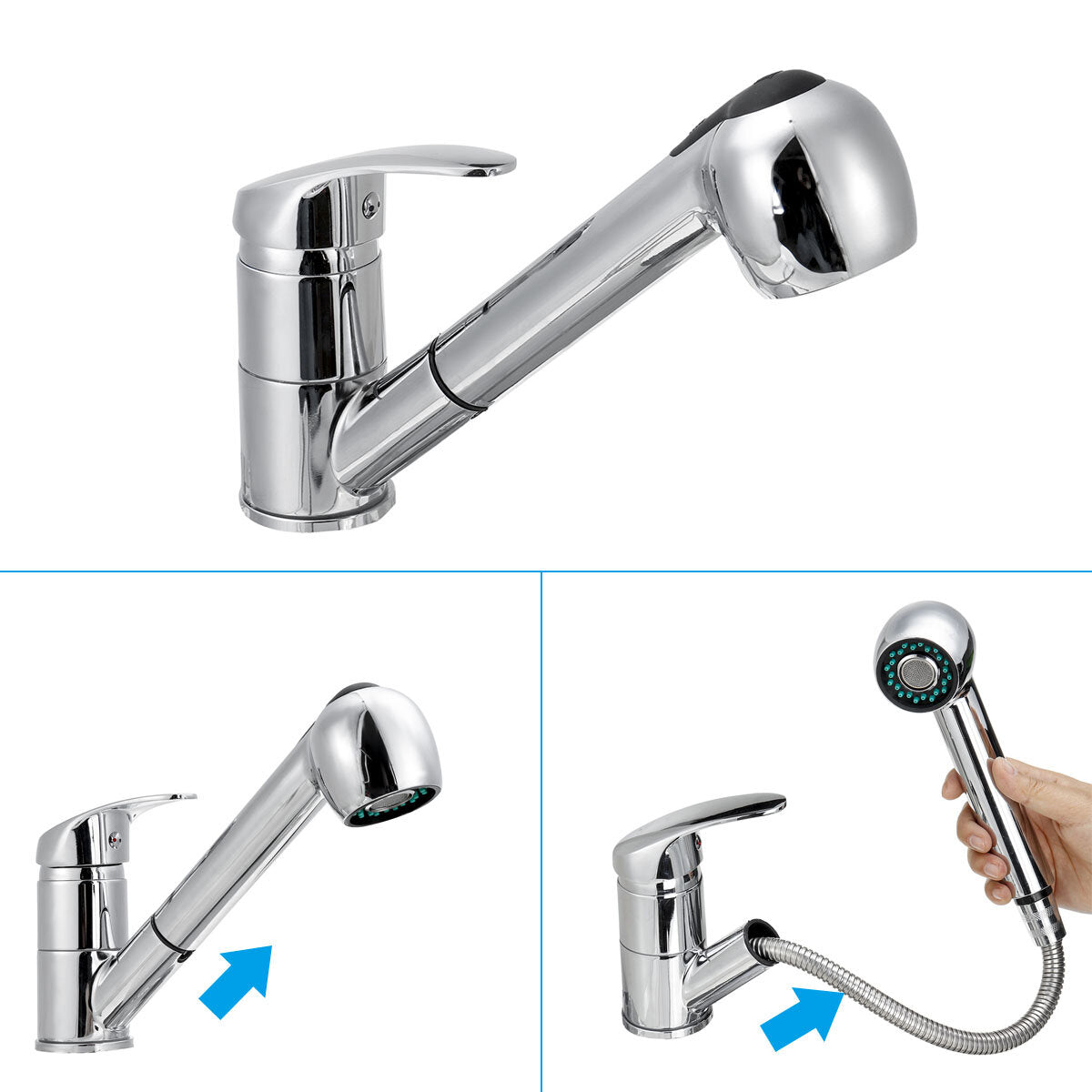 Chrome Kitchen Sink Faucet with Pull-Out Spray Head and Single Lever - Mono Brass Tap