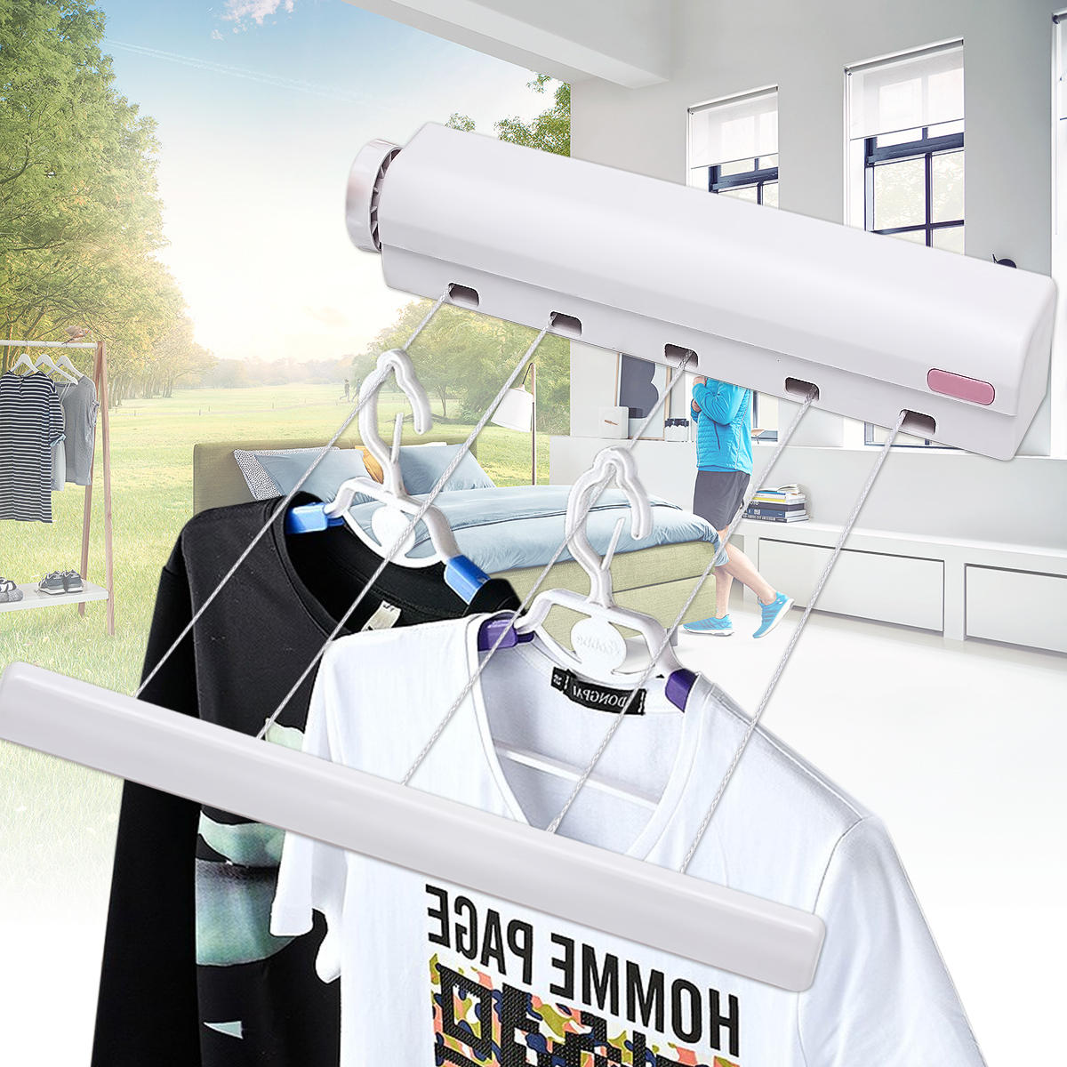 5 Line 3.7m Retractable Clothes Airer - Wall Mounted Indoor Laundry Dryer Hanger