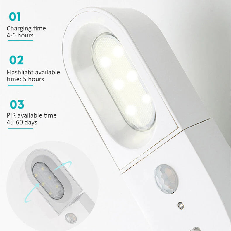 Drehbare LED-Wandleuchte mit menschlichem Körpersensor, wiederaufladbare Nachtlampe über USB, PIR-Sensor, Notfall-Taschenlampe