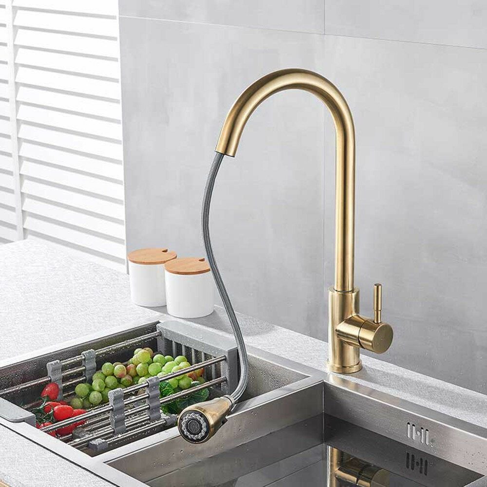 Brushed Gold Kitchen Sink Faucet - Brass, 360 Degree Rotation, Single Lever, Pull-Out Hot & Cold Mixer Tap