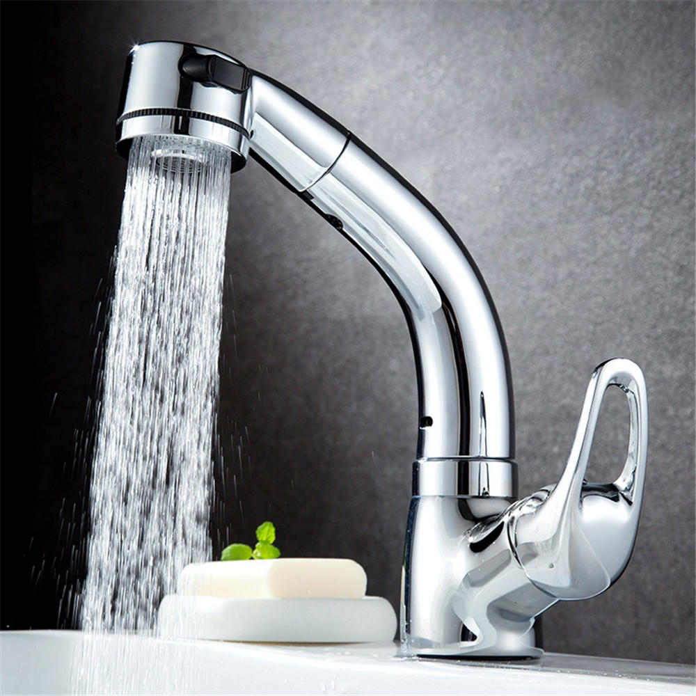 Adjustable Height Bathroom Basin Faucet - Pull Out, Single Handle, Hot & Cold Water Mixer Tap