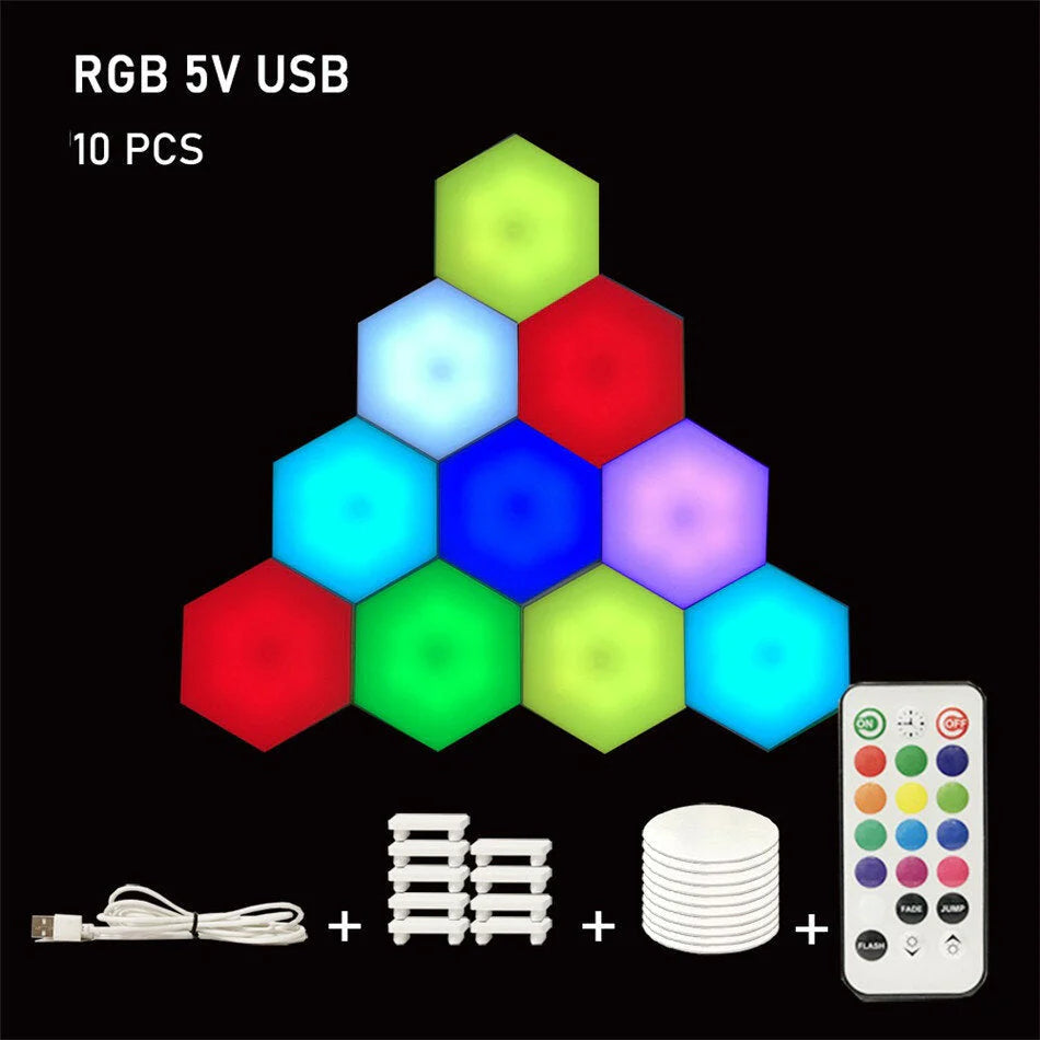 Hexagon RGB LED Lamp with Touch Sensor, USB, Remote Control - Colorful Night Light, RGBW Honeycomb Design