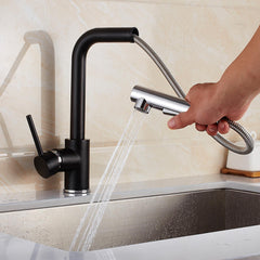 Modern Black Brass Kitchen Sink Faucet with 360 Degree Rotating Pull-Out Spray and Single Hole Basin Mixer Tap