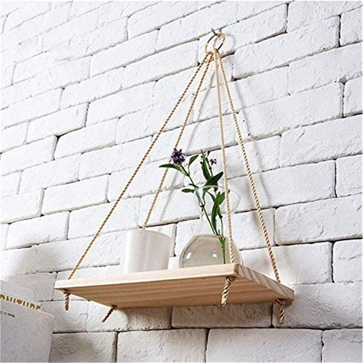 Wooden Hanging Swing Shelf - Floating Rope Wall Display Rack for Home Decor