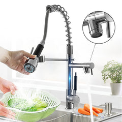 Chrome Brass Kitchen Sink Mixer Faucet with Pull-Out Sprayer, 360 Degree Rotation, Single Handle, Brushed Finish