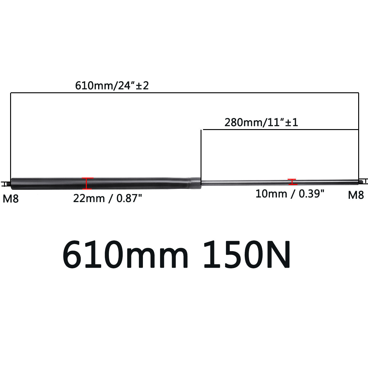 150N Universal Gas Spring Lift Supports for Car, RV, Caravan - 210mm to 610mm Struts