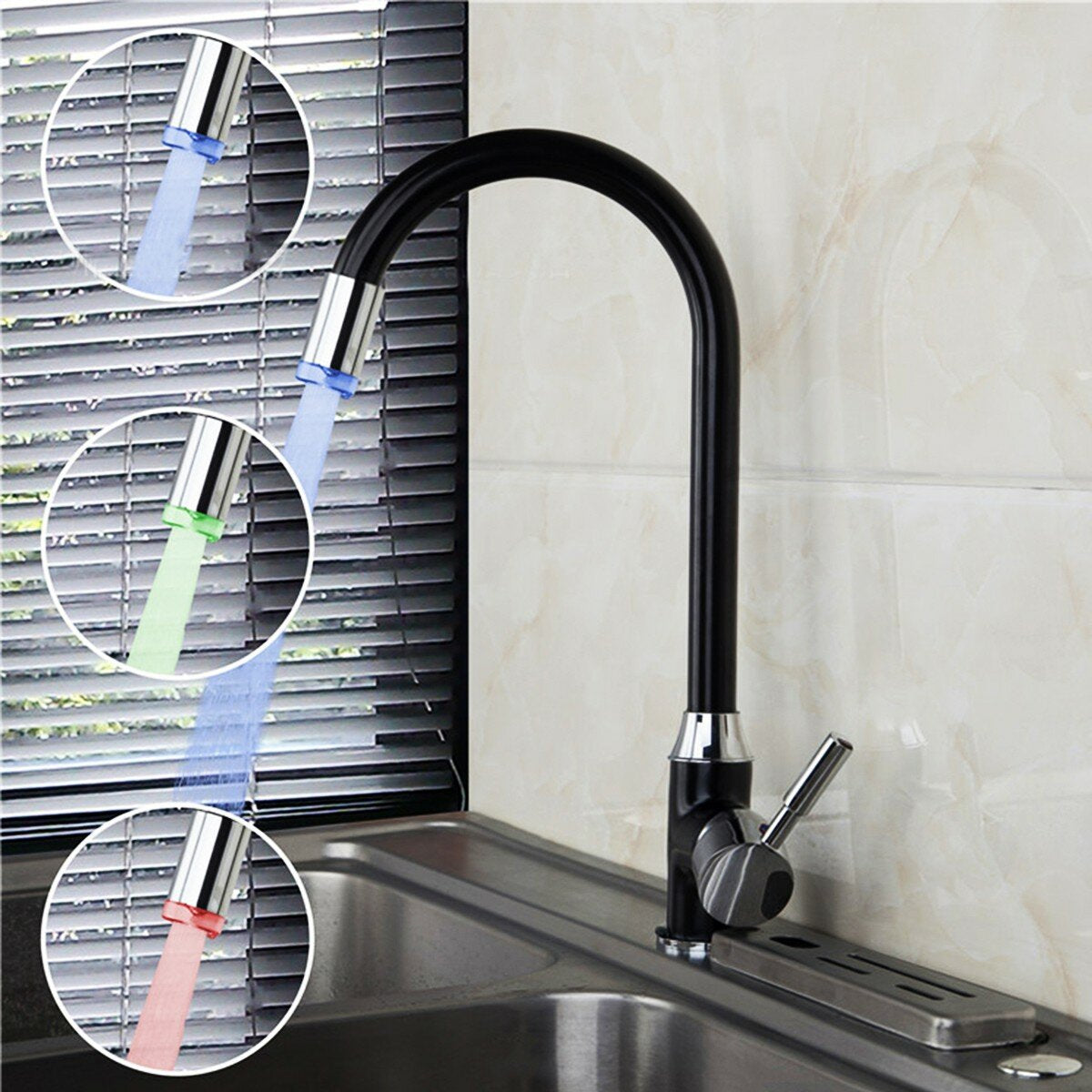 Black Plating LED Kitchen Sink Faucet - Single Handle, Hot/Cold, 3 Color Changing Basin Mixer Tap