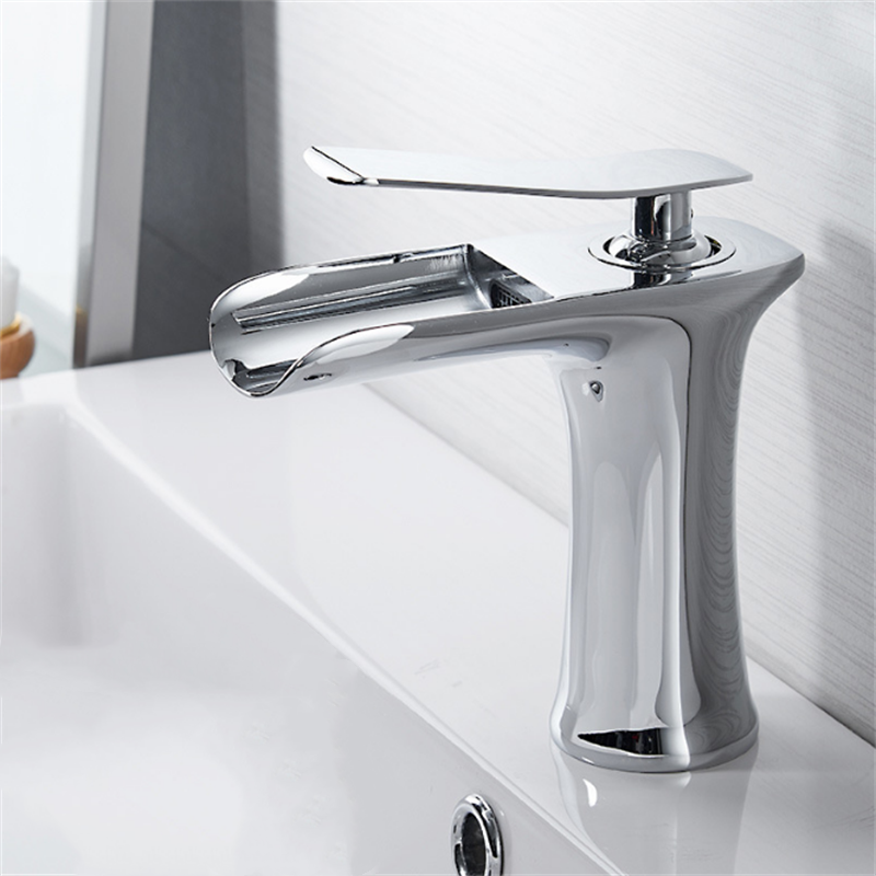 Modern Bathroom Basin Waterfall Faucet - Single Hole Hot & Cold Mixer Tap with Handle for Vanity Sink