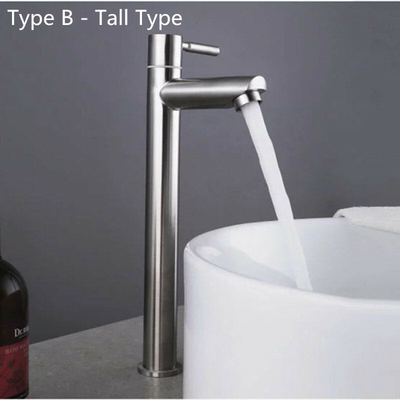 Lead-Free Stainless Steel Bathroom Basin Faucet - Single Cold Sink Tap with Hoses, 181mm/285mm Height