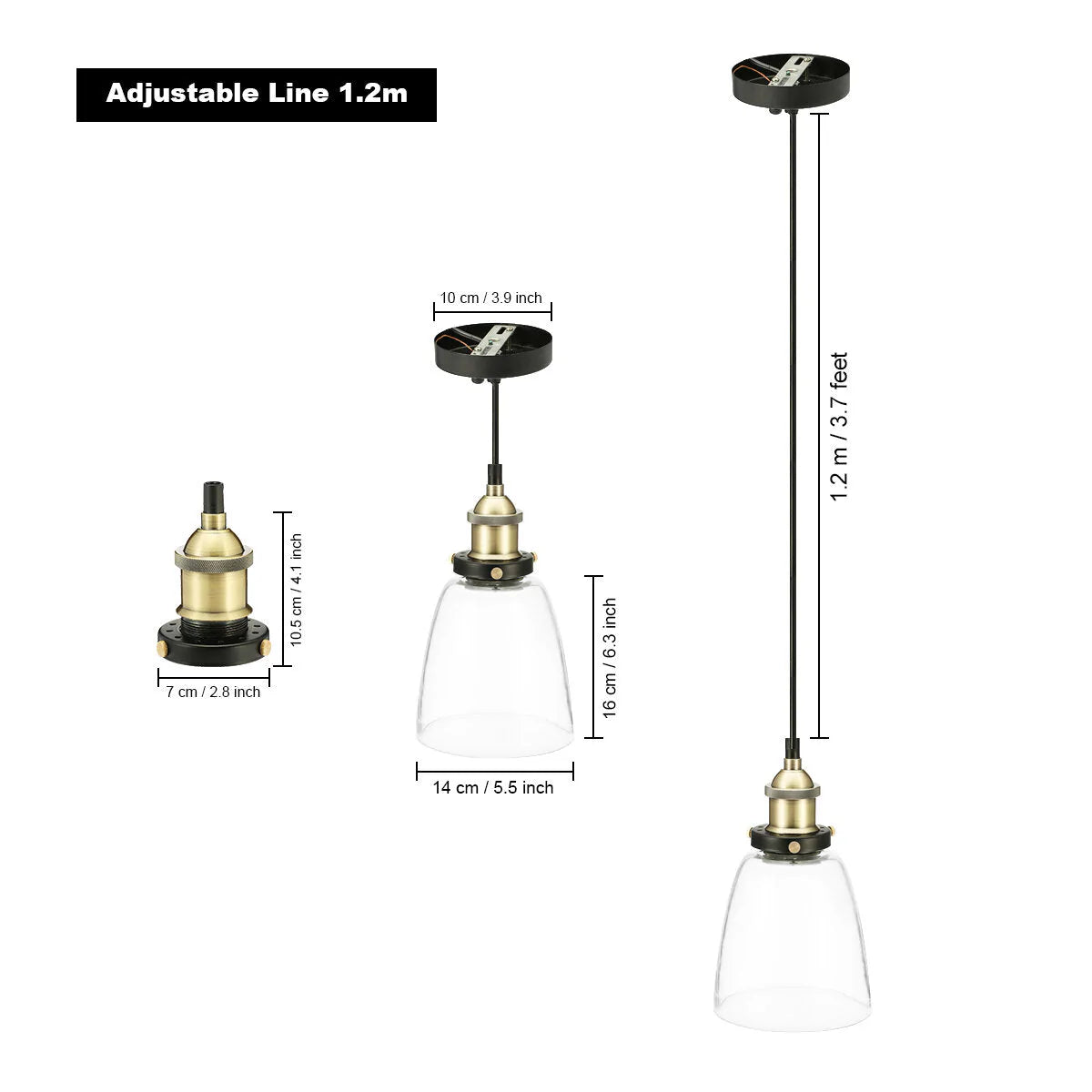 110V E26/E27 Vintage Industrial Pendant Light with Bell Glass Shade, Bulb Not Included