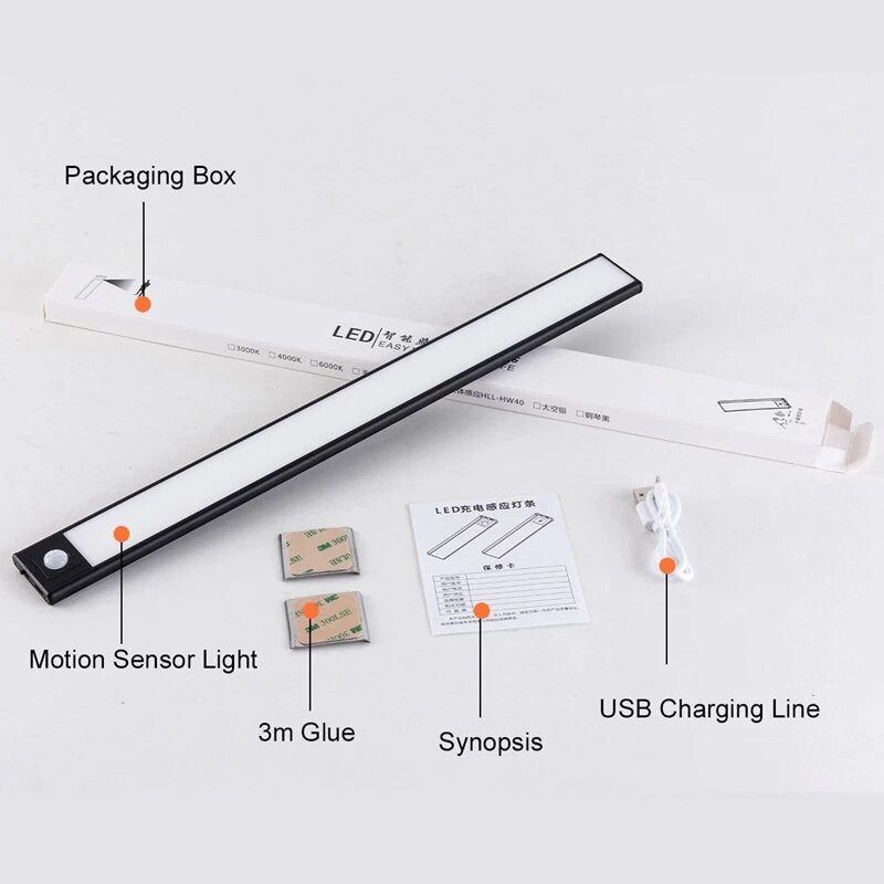 Über USB wiederaufladbares LED-Nachtlicht – 20/40/60 cm Körpersensorstreifen für Schlafzimmer, Kleiderschrank, Bücherregal, Treppe