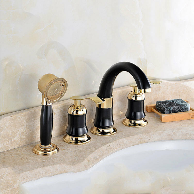 4PCS Widespread Bathroom Faucet with 2 Handles, Brass Basin Water Mixer Tap & Showerhead