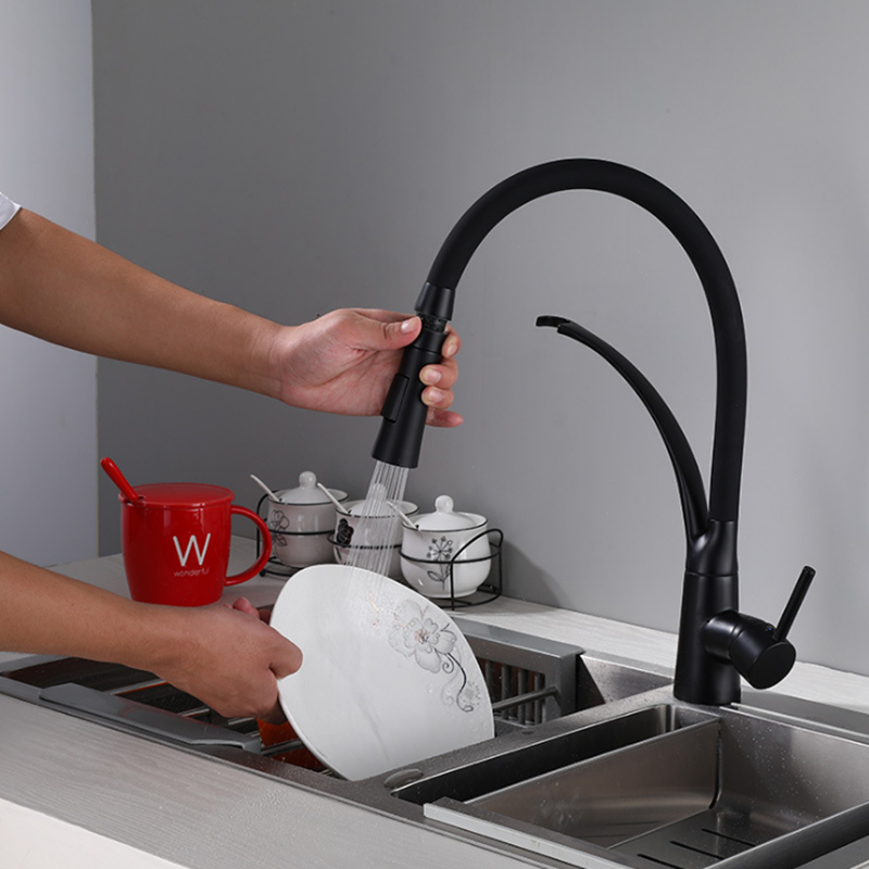 Black Kitchen Sink Faucet with Sprayer, Brass Mixer Tap, 360 Degree Rotation, Single Handle, Two Water Modes