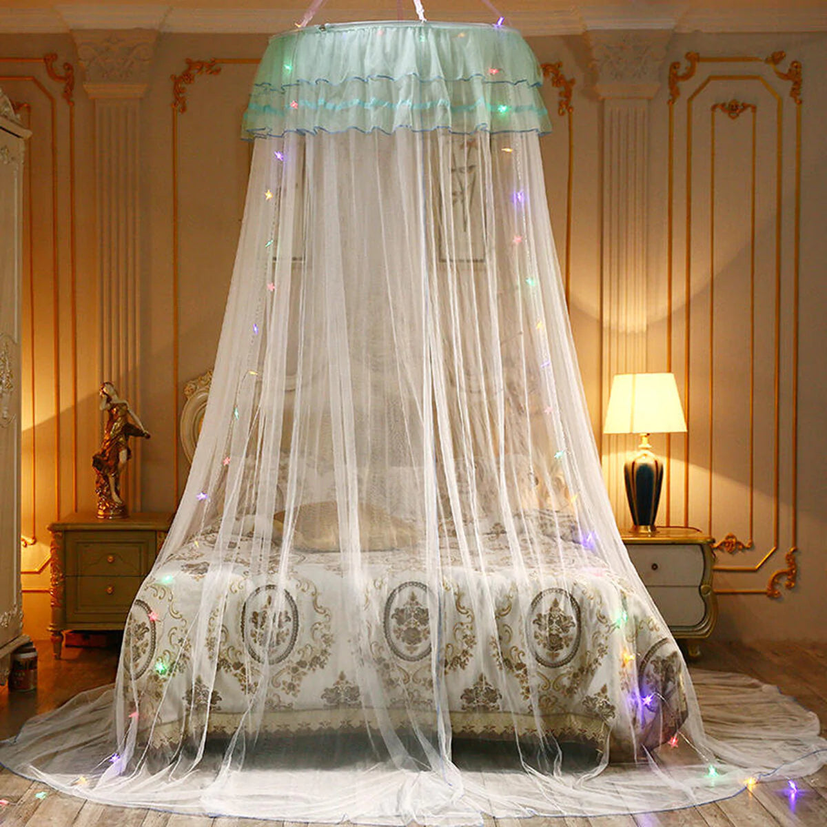 Princess Dome Mosquito Net Bed Canopy with Lace and LED Lights - Bedroom Decor