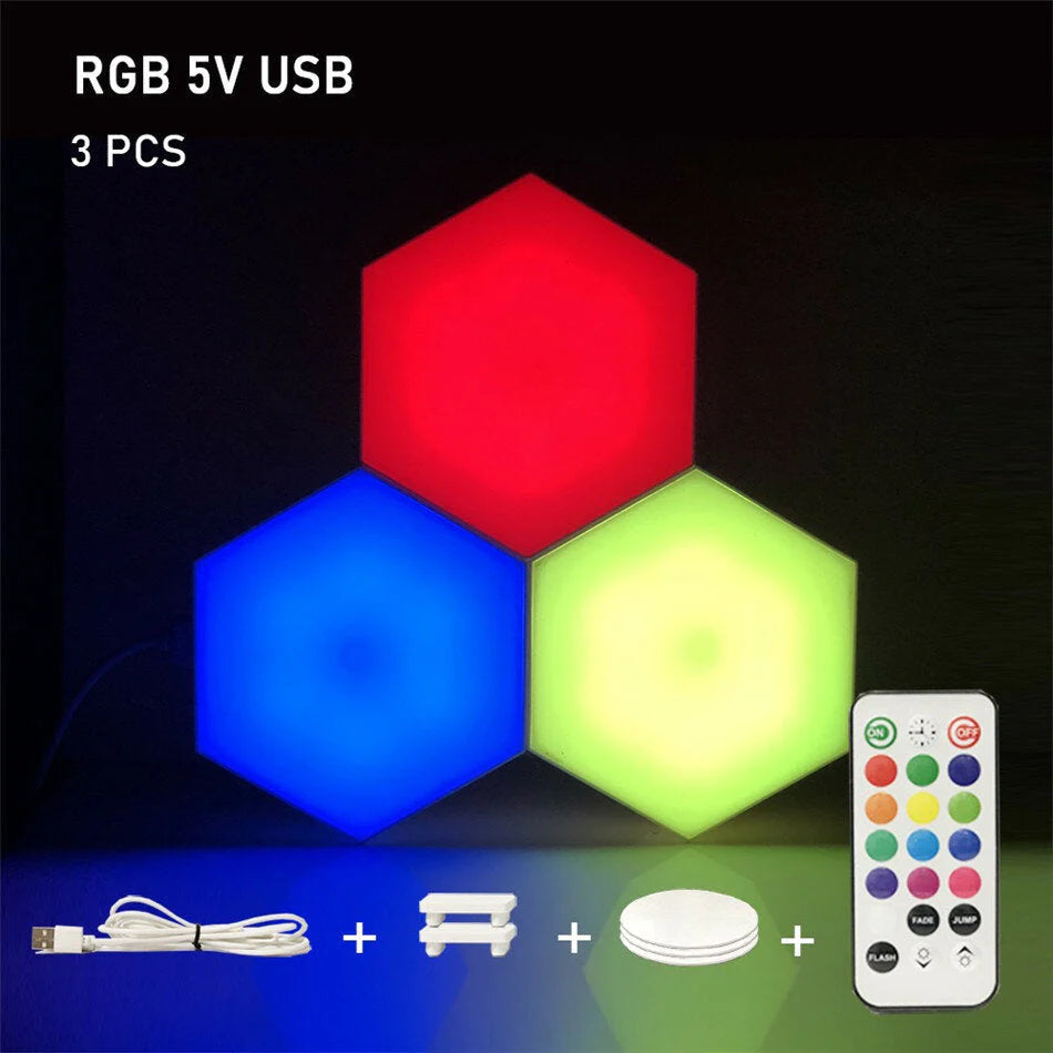 Hexagon RGB LED Lamp with Touch Sensor, USB, Remote Control - Colorful Night Light, RGBW Honeycomb Design