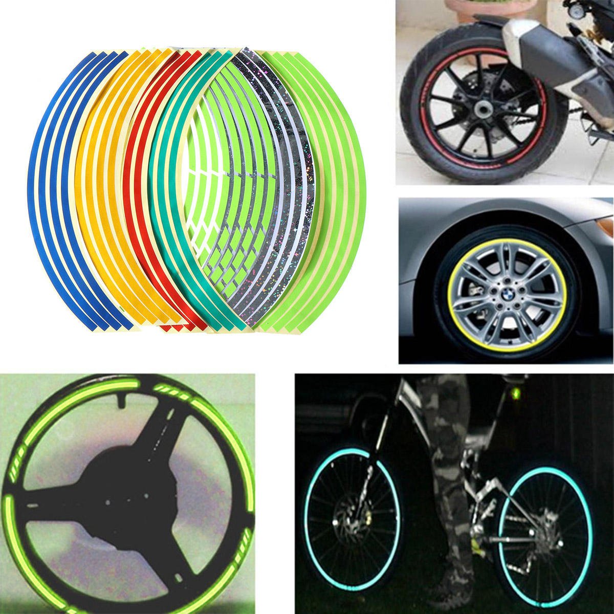 16pcs Reflective Tyre Strips Tape for 17-18 Inch Car, Motorcycle, Bike Wheels - Rim Styling Stickers