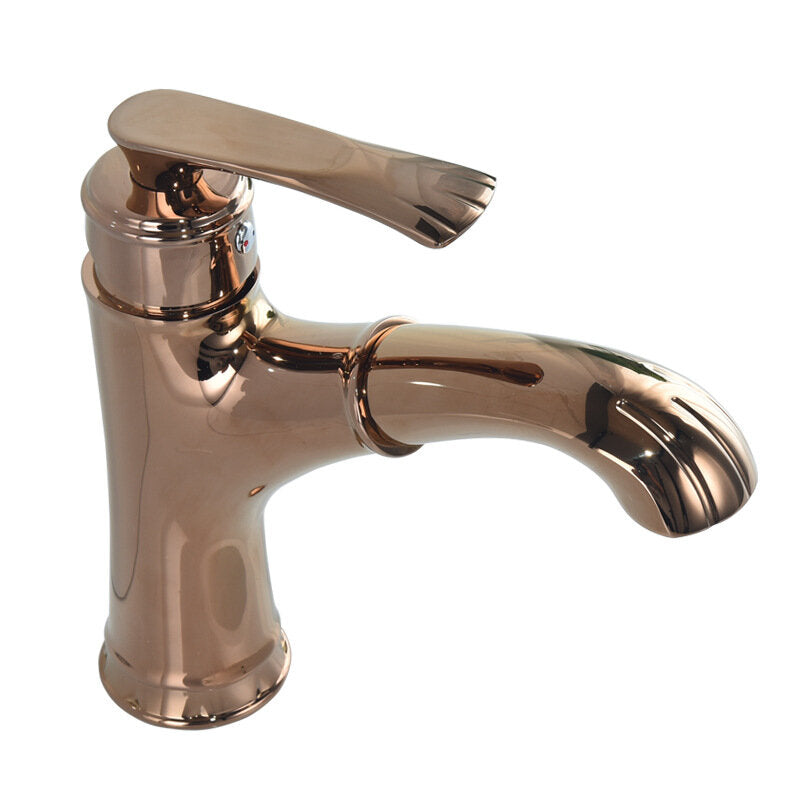 Copper Bathroom Basin Faucet with Pull-Out Spring Sprayer, Hot and Cold Water, Single Hole Deck Mount Mixer