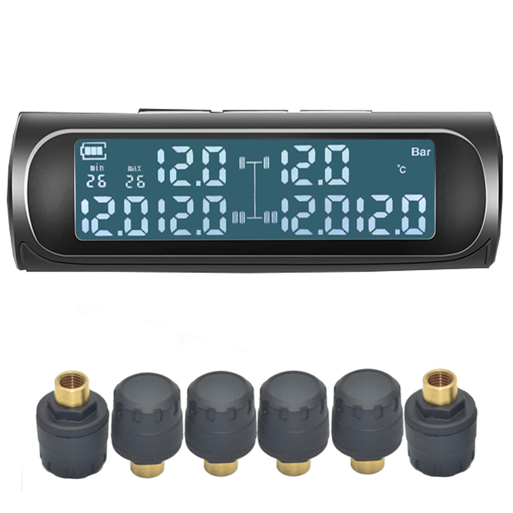 Solar TPMS Tire Pressure & Temperature Monitor, 6 External Sensors, 0.1-18bar, for Truck/RV, 6-Wheel Light Truck