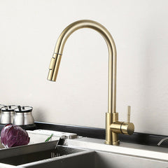 Brushed Gold Kitchen Sink Faucet - Pull Out, Single Handle, 360 Degree Rotating Water Tap Mixer