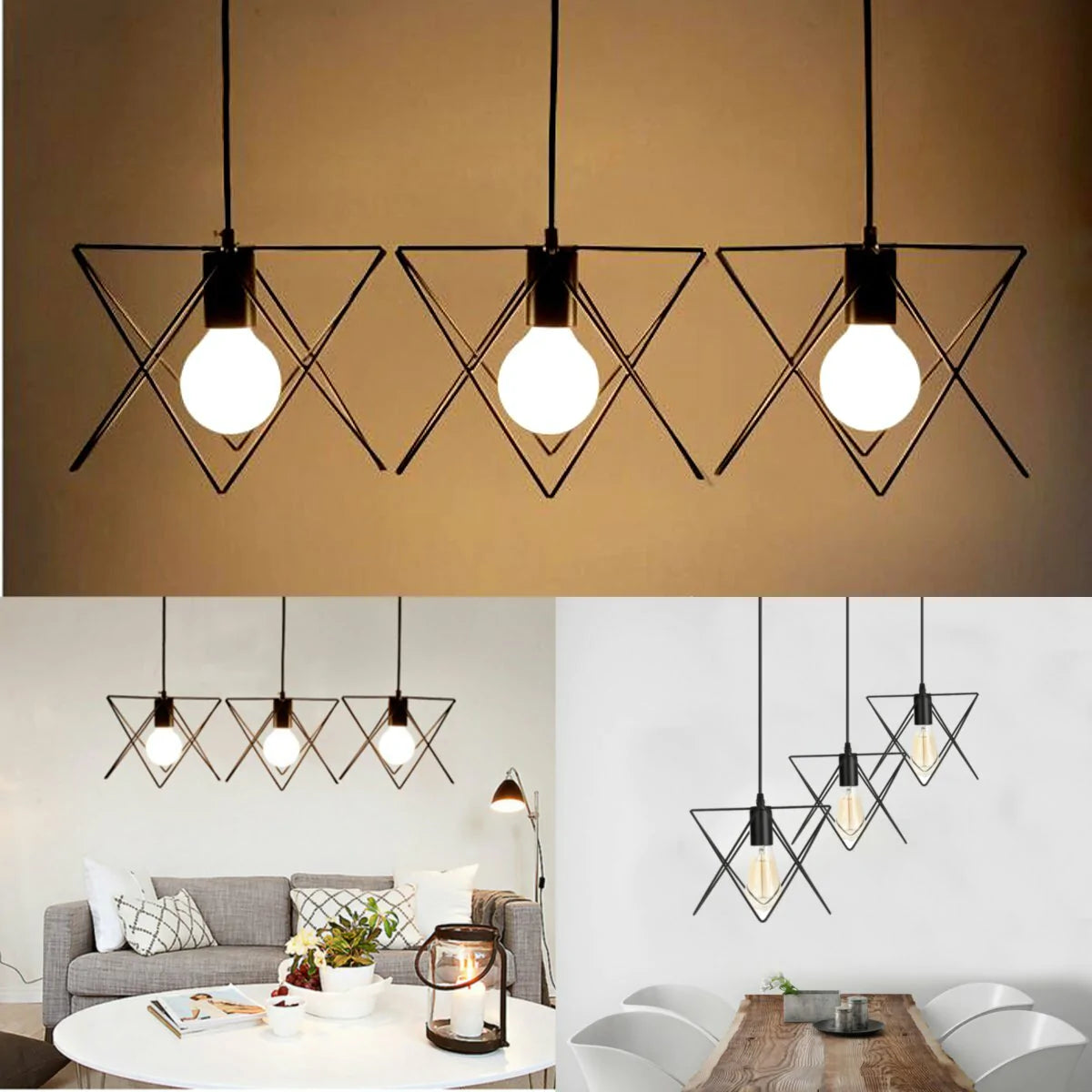 3-in-1 Vintage Metal Ceiling Light Pendant Lamp with Cage Lampshade Fixture for Indoor Lighting