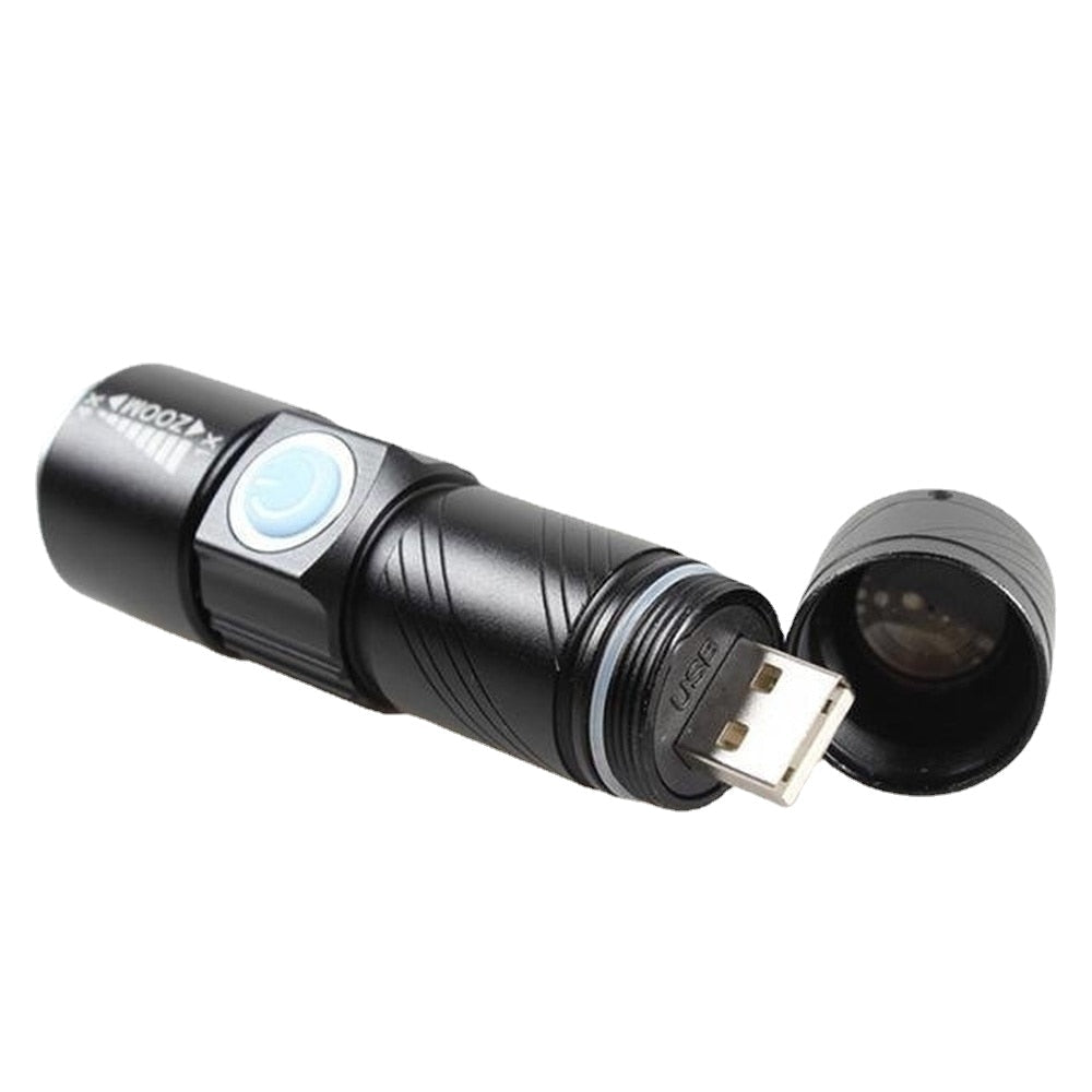 Rechargeable USB Flashlight Q5 - 3 Modes, Mini Zoom, Waterproof, Built-in Battery, Tactical Camping & Bike Torch