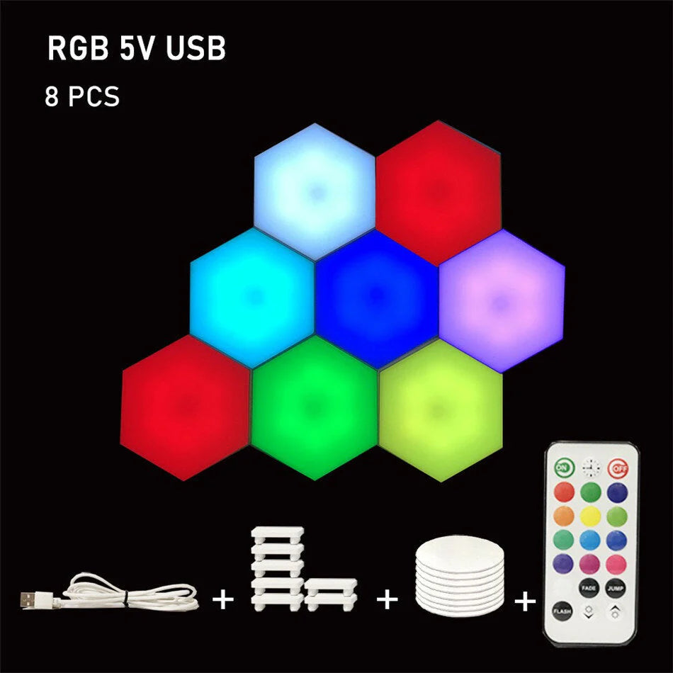 Hexagon RGB LED Lamp with Touch Sensor, USB, Remote Control - Colorful Night Light, RGBW Honeycomb Design