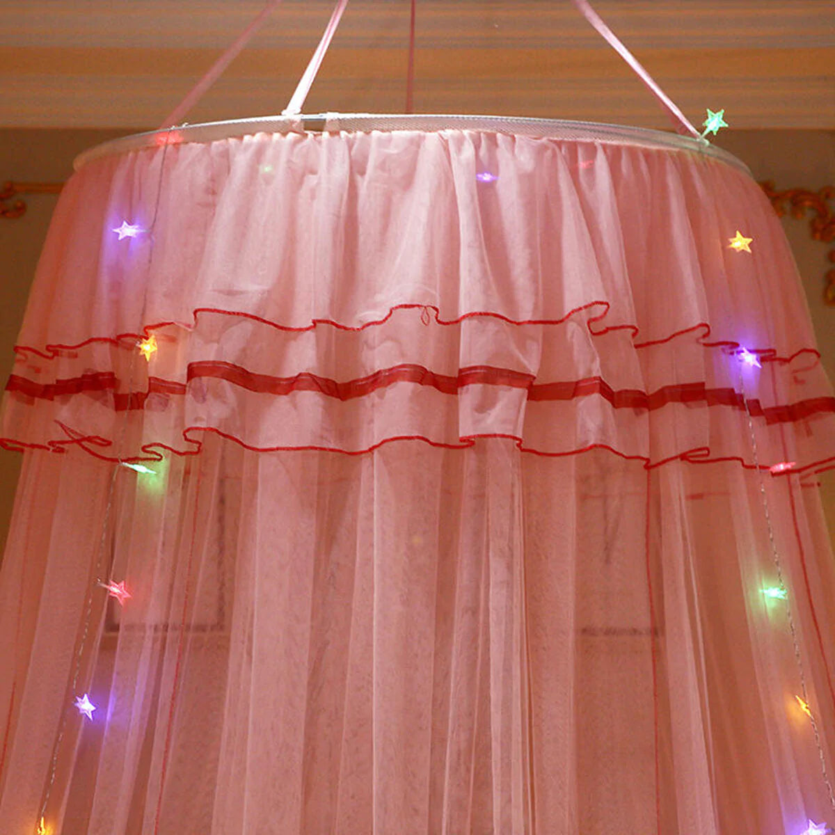 Princess Dome Mosquito Net Bed Canopy with Lace and LED Lights - Bedroom Decor