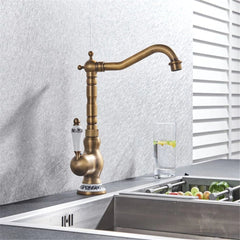 Antique Brass Kitchen Faucet - Swivel Single Hole Bathroom Basin Sink Tap with Porcelain Handle, Rotatable Crane