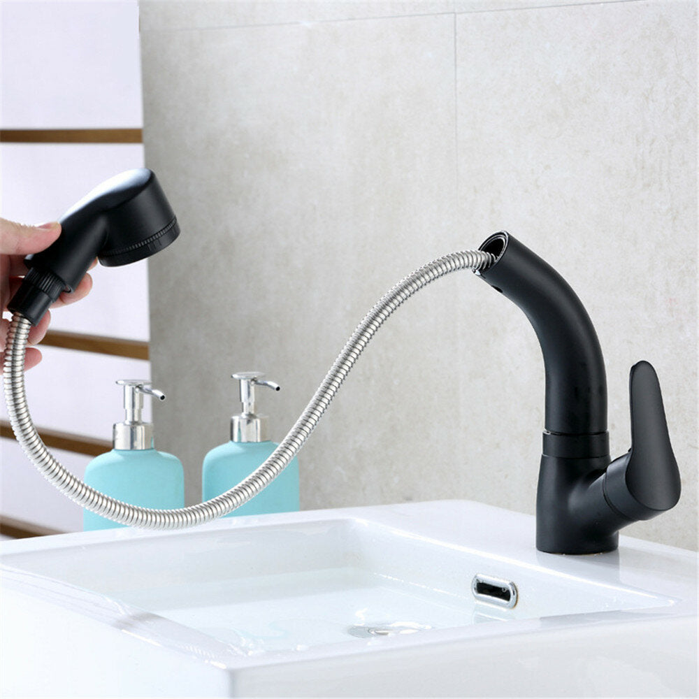 Wall Mounted Pull Out Bathroom Faucet - 360 Degree Rotating Hot & Cold Basin Sink Mixer Tap