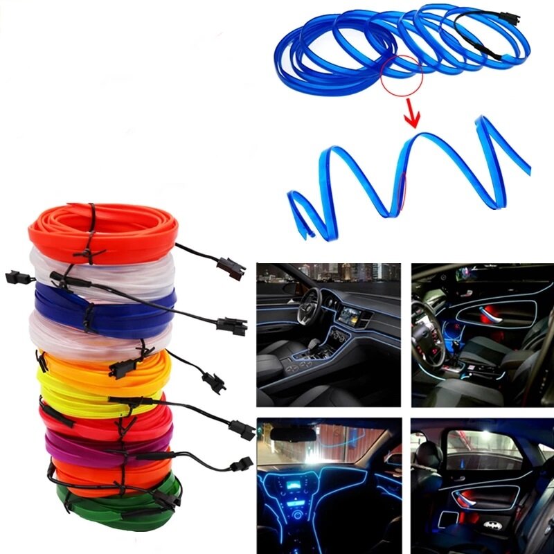 EL Wire Neon Light Flexible Rope Tube - Car Interior LED Strip Atmosphere Lamp for Auto Decoration