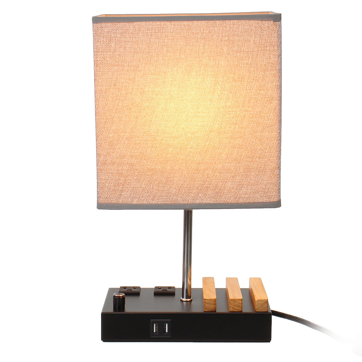 Dimmable Grey Table Lamp with 2 Phone Stands, USB Ports & AC Outlets - Perfect Bedside Lamp