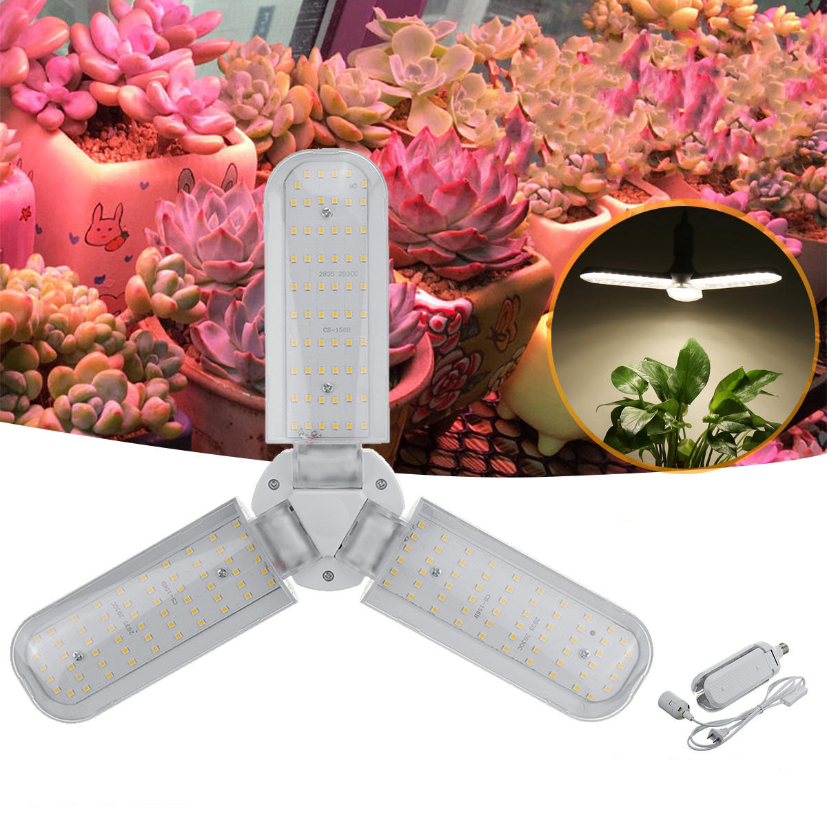 E27 40W Full Spectrum LED Grow Light, AC110-265V, 2835 Three-Leaf Design, with Hanging Holder for Hydroponic Plants