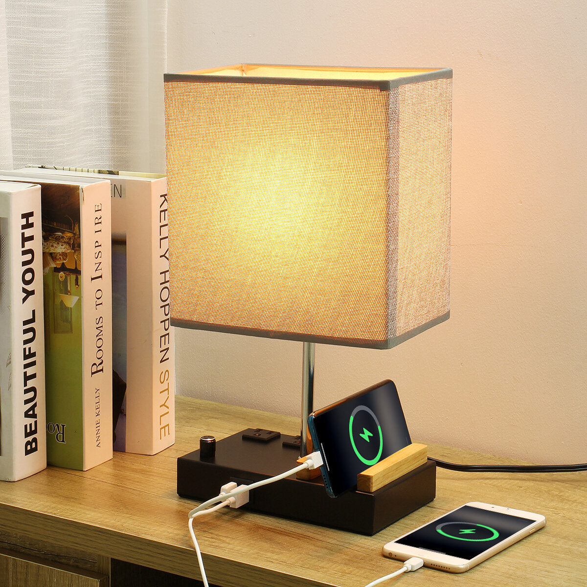 Dimmable Grey Table Lamp with 2 Phone Stands, USB Ports & AC Outlets - Perfect Bedside Lamp