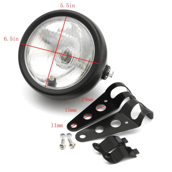 6.5" 12V Motorcycle Headlight Hi/Lo Beam Matte Black with Mount Bracket for Honda Cafe Racer