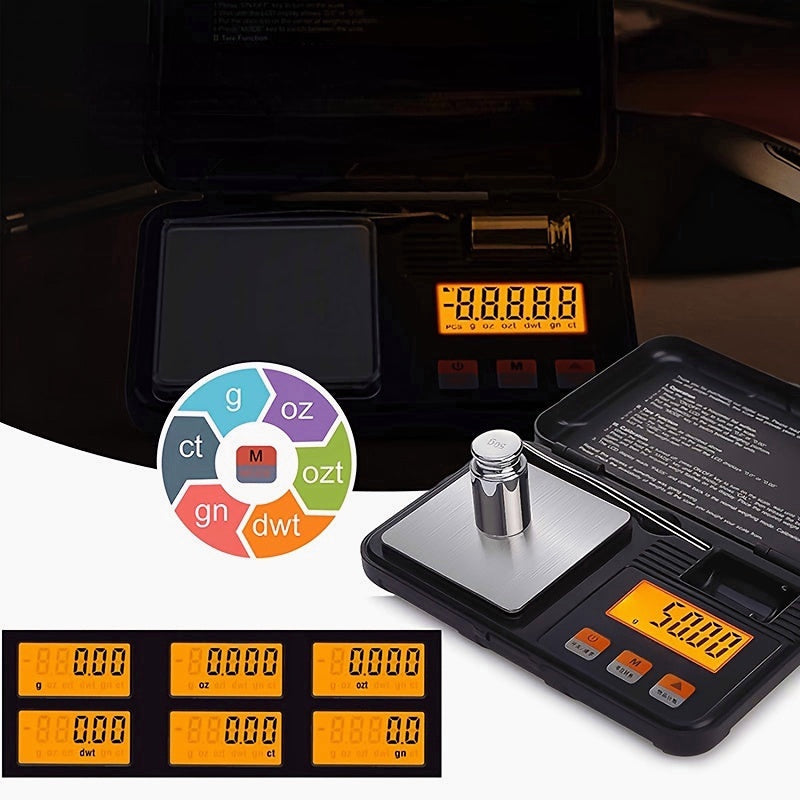 Mini Portable Electronic Scale with Tweezers, LCD Light & 50g Calibration Weight