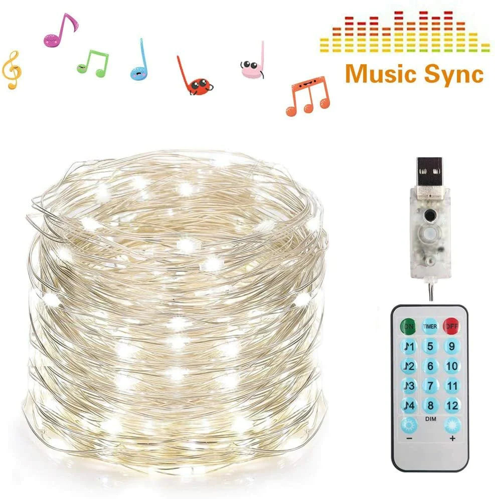 LED Music Silver Wire Twinkle Starry String Lights with Remote Control Timer and Sound Activation