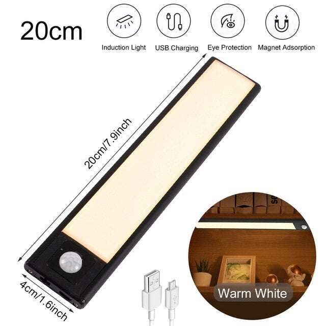 Über USB wiederaufladbares LED-Nachtlicht – 20/40/60 cm Körpersensorstreifen für Schlafzimmer, Kleiderschrank, Bücherregal, Treppe
