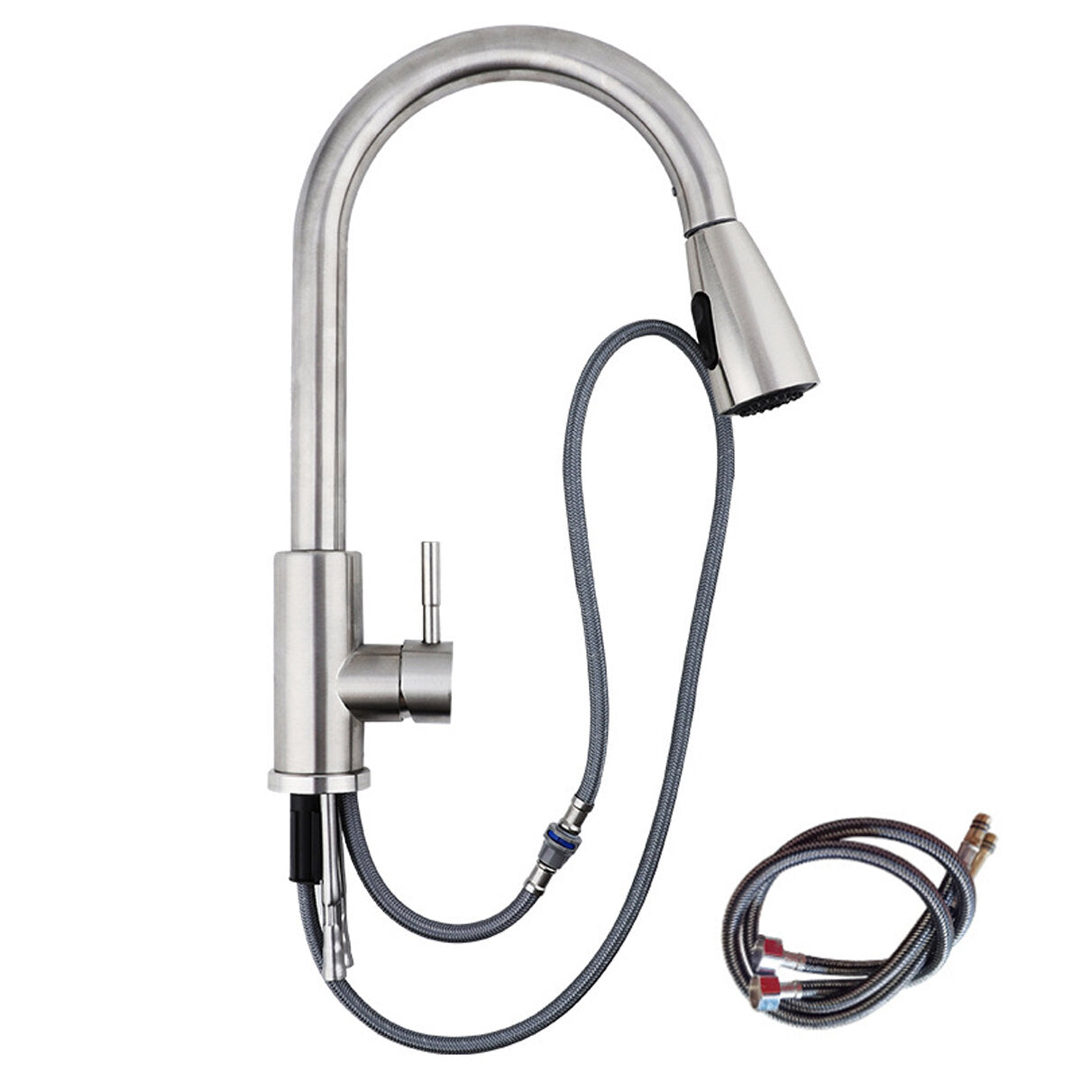 Electroplating Kitchen Sink Pull-Out Faucet - Hot/Cold Water Tap with 2 Stainless Steel Hoses