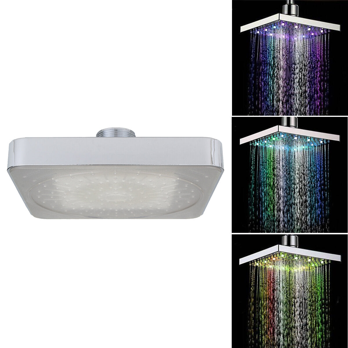 6" ABS Square Showerhead, 360 Degree Adjustable, 7-Color LED, Temperature-Controlled, Auto-Changing Top Spray