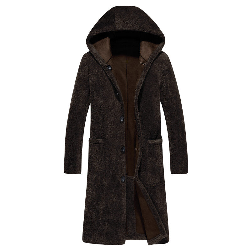 Men's Double-Sided Wearable Shearling Hooded Mid-Length Faux Fur Woolen Coat