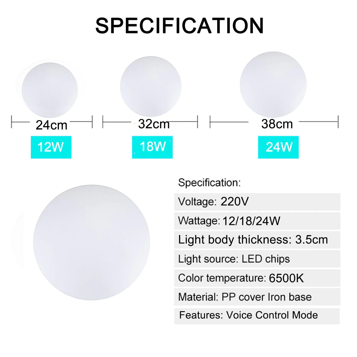 220V Voice Control LED Ceiling Light, 12/18/24W Ultra Thin Flush Mount, Round for Kitchen